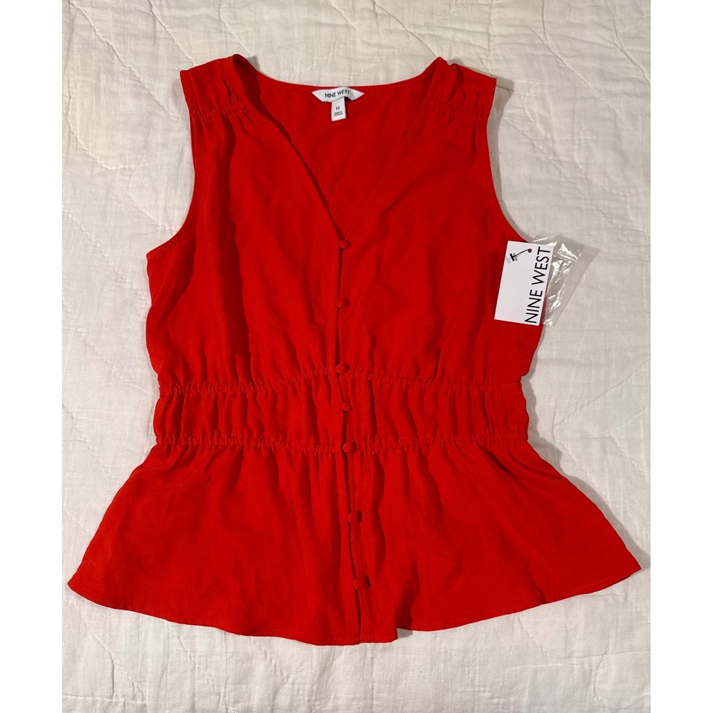 Nine West Red Sleeveless Peplum Blouse Button Front Cinched Waist NWT Size M